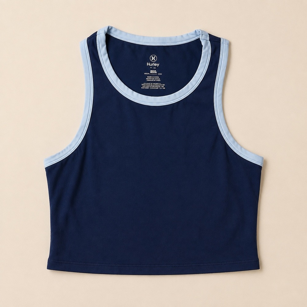 Hurley Navy Cropped Tank Top with Light Blue Trim